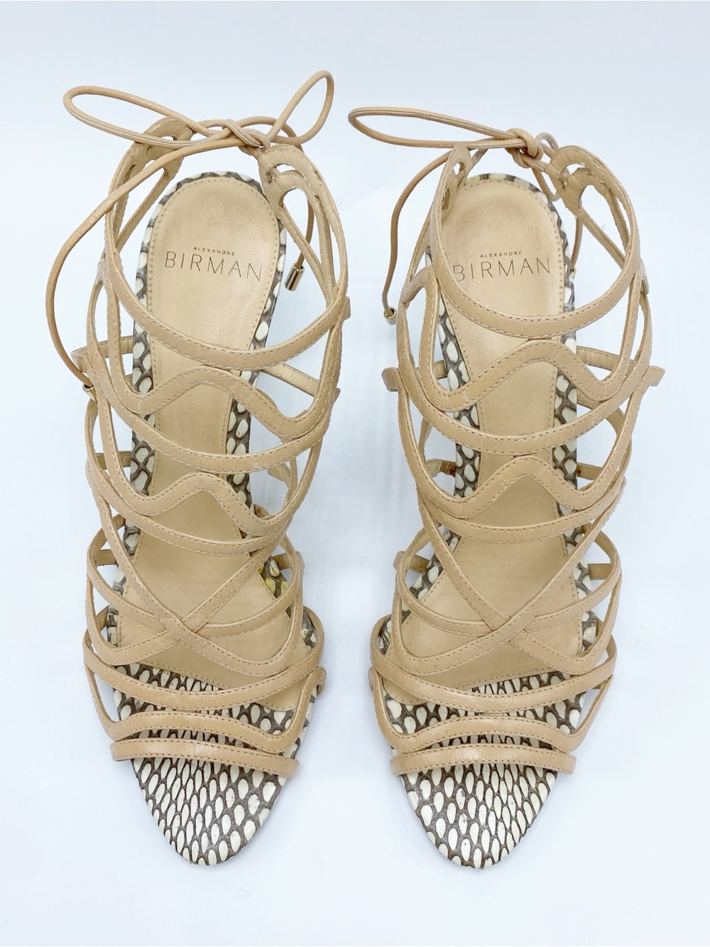 Alexandre Birman size 36.5 Beige Strappy Lace-Up Cage High Heel Sandals